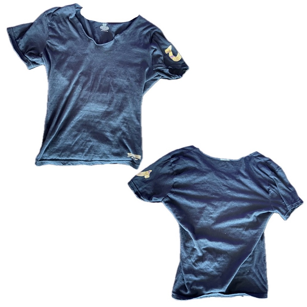 Y2K Upcycled Black True Religion Off the Shoulder T-Shirt